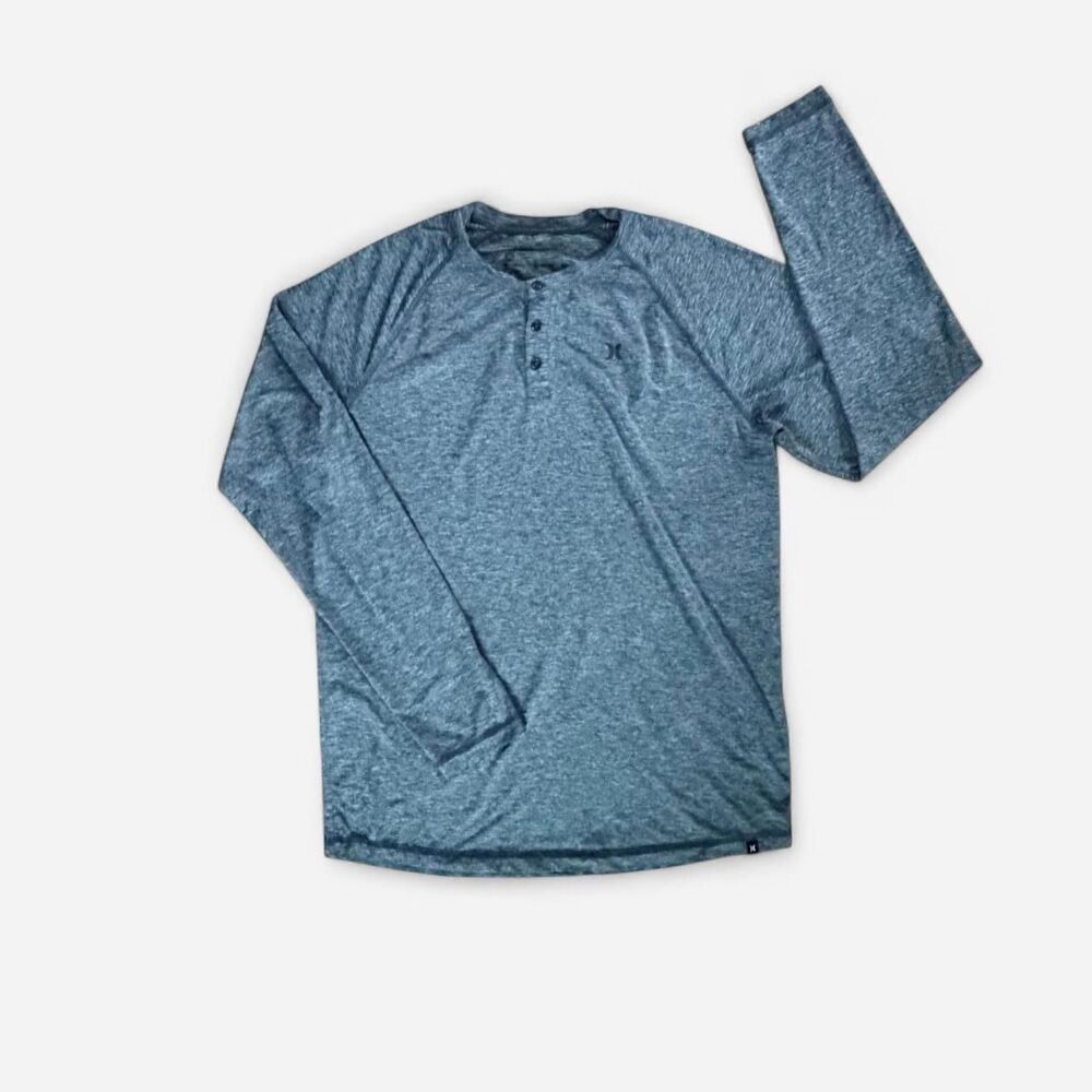 Hurley Dri-FIT men’s gray performance Henley long sleeve shirt, size Medium.